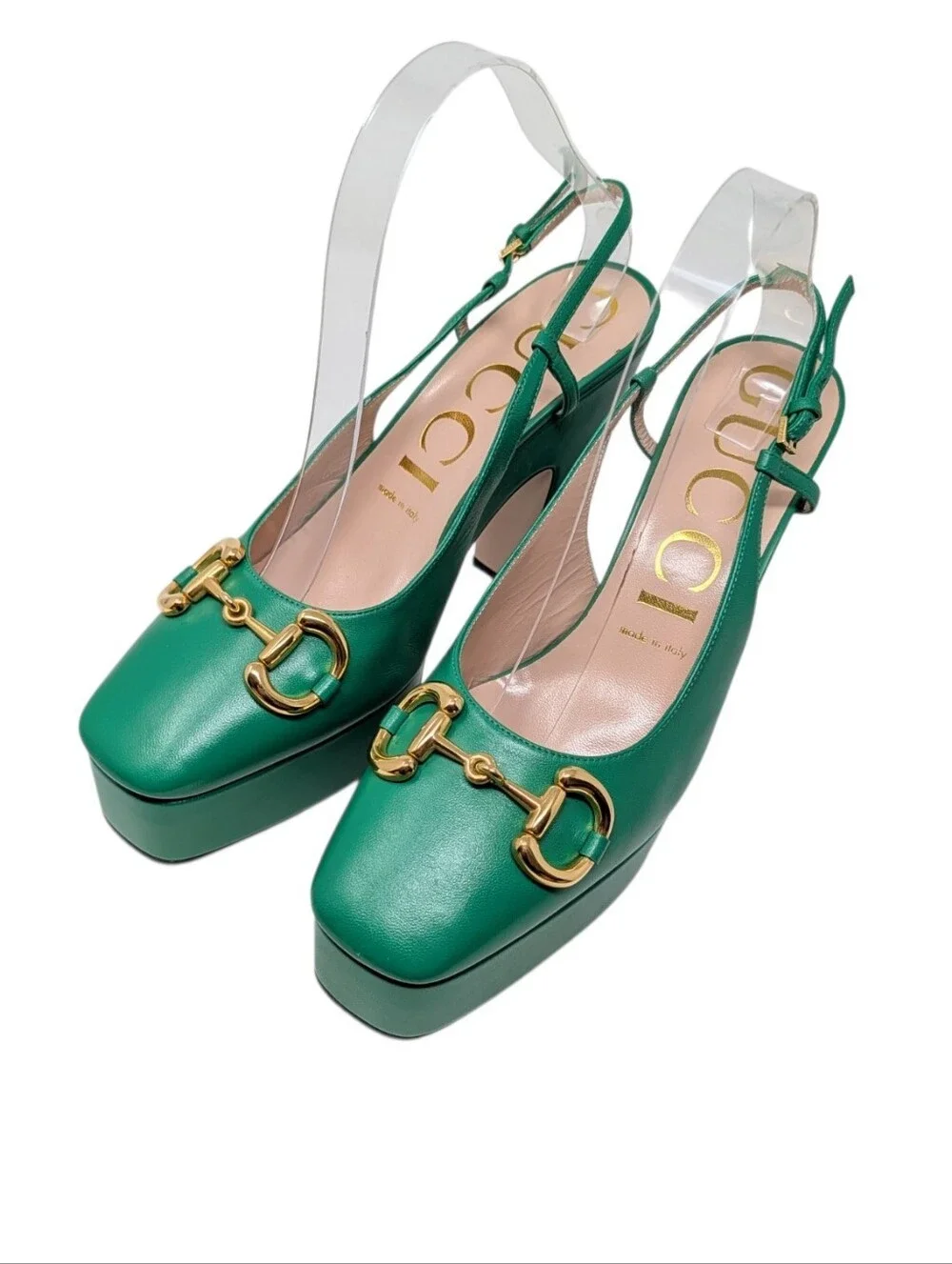 NEW Gucci Green Horsebit Platform Slingback Chunky Block Heel Pumps Size EU 39.5